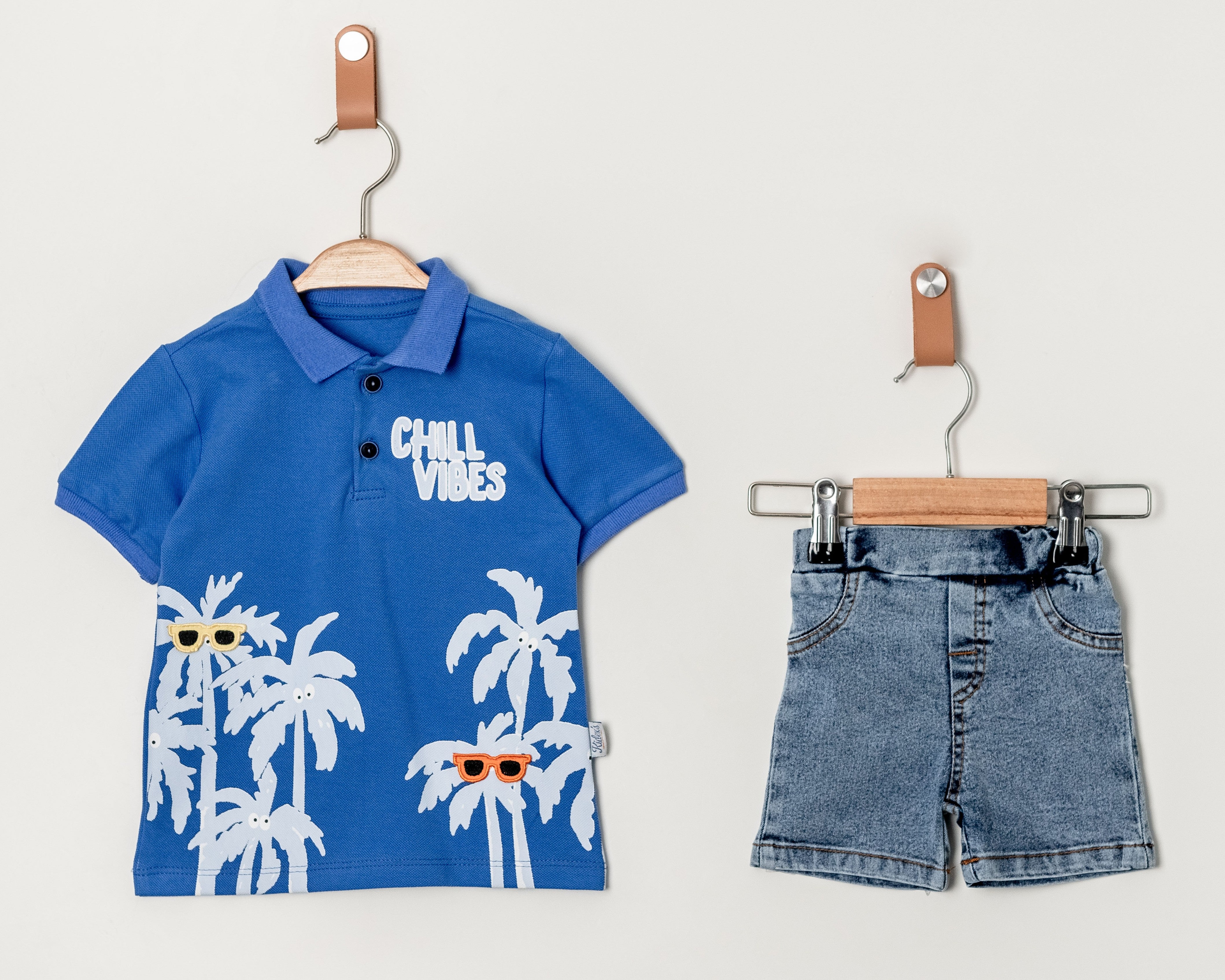 Erkek Bebek Chill Vibes Nakışlı Yazlık Polo Tişört ve Kot Şort Takım 6-24 Ay